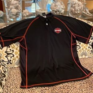 Harley Davidson wrinkle free black with orange stitching collared shirt